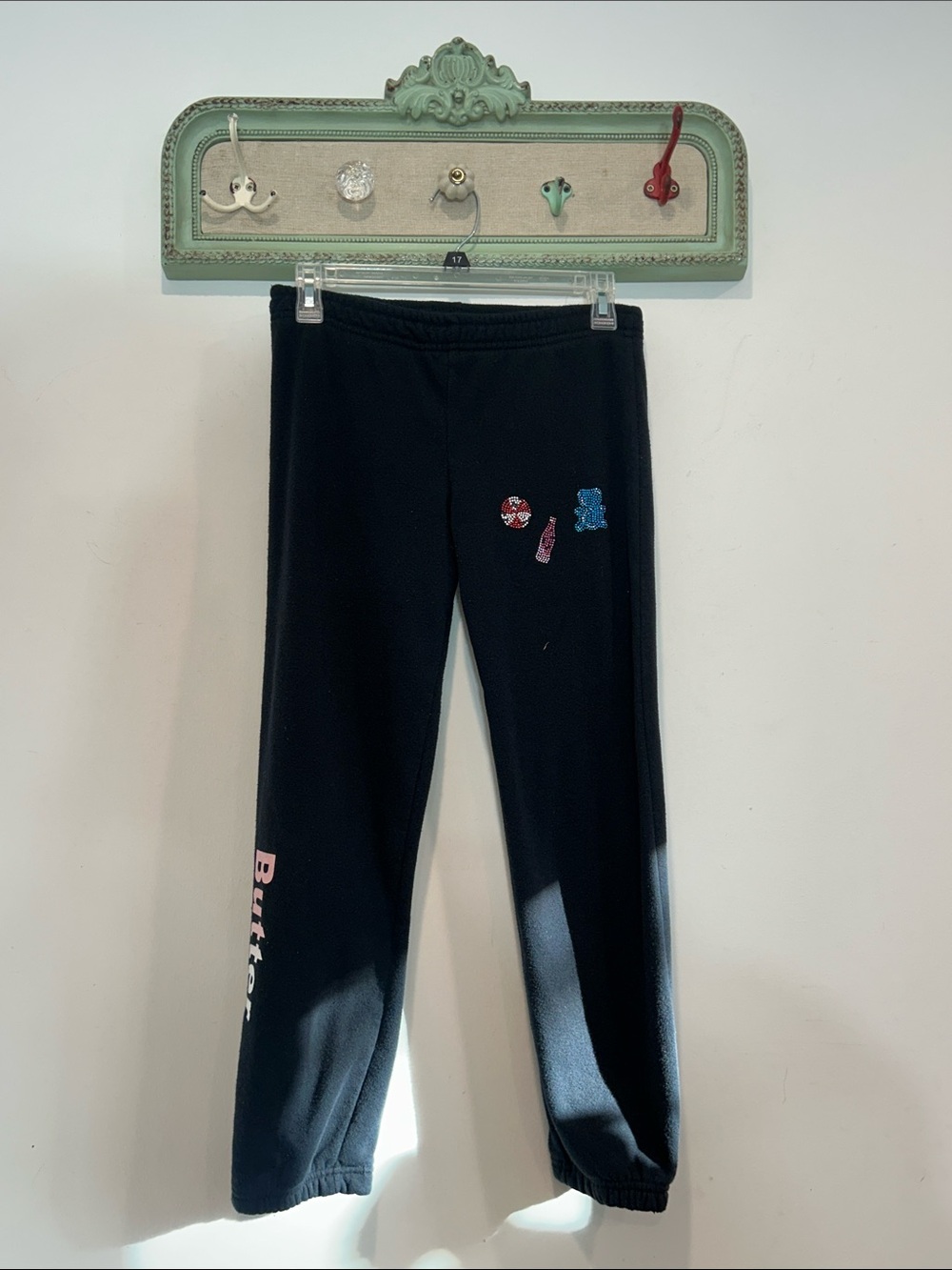 Butter Kids Large Black Joggers Sweatpants Pink Logo rhinestone Candy bear cola